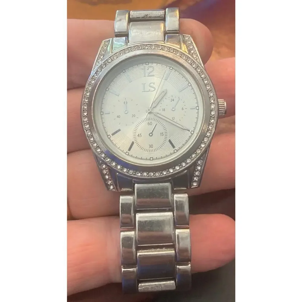 Silver Tone LS 40mm Watch with Rhinestone Bezel, Bracelet Band